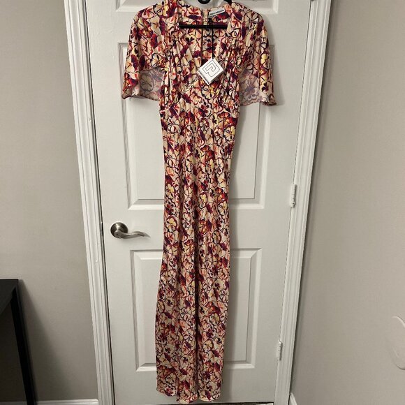 NEW Paco Rabanne Sunny Pansy Printed Satin Cape Sleeve Floral Dress Size 2 NWT - Picture 5 of 8